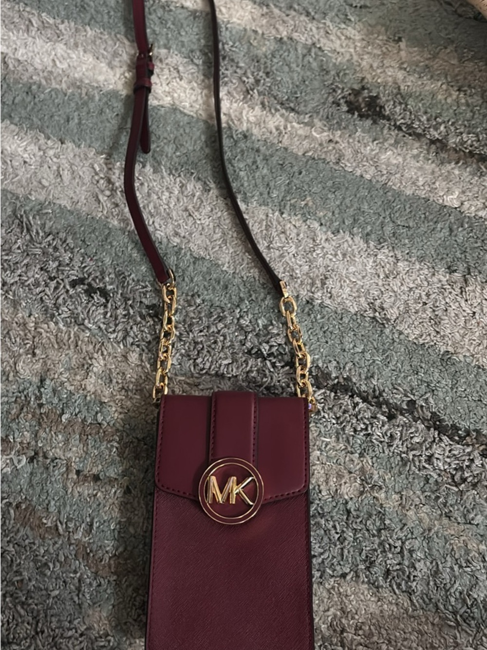 Michael Kors Wine Crossbody Phone Bag with Gold MK Emblem